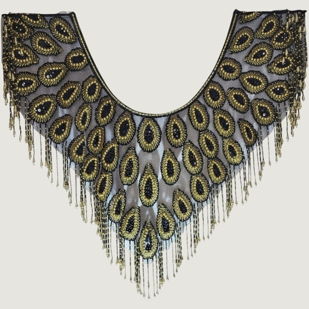 Unbranded Womens Beaded Peacock Fringe Collar Capelet Gold Black Mesh OS